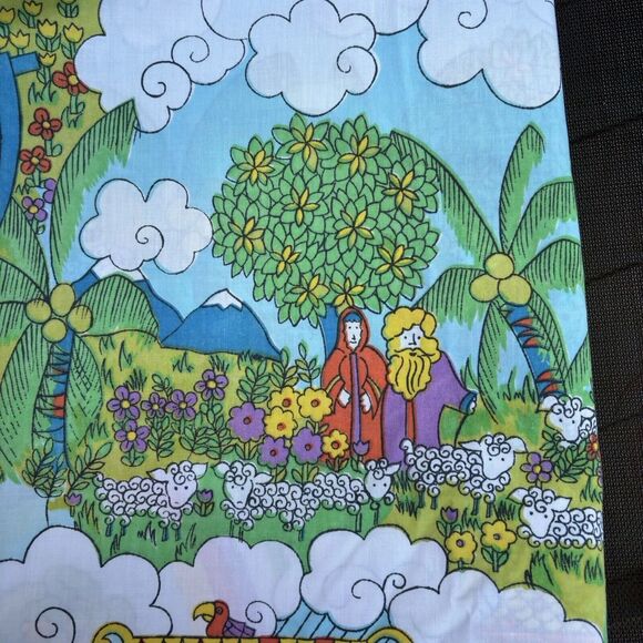 Vtg Sears Childrens Noah Ark 60s 70s Twin Bed Fitted & Flat Sheet Set Color READ - Picture 7 of 12